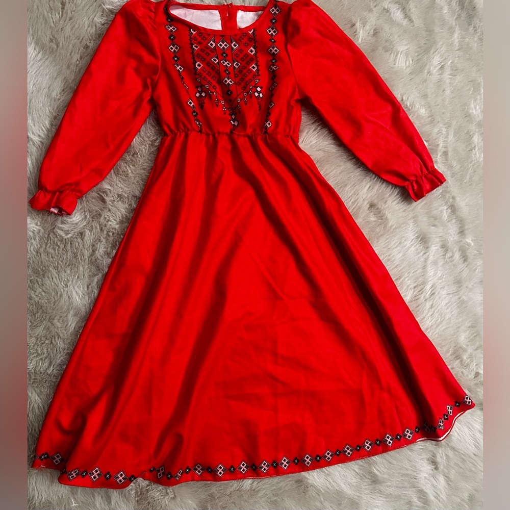 Little Girls Classy Ethnic Red Folk-Style Bday Dress Long Sleeve Lightweight 6–7